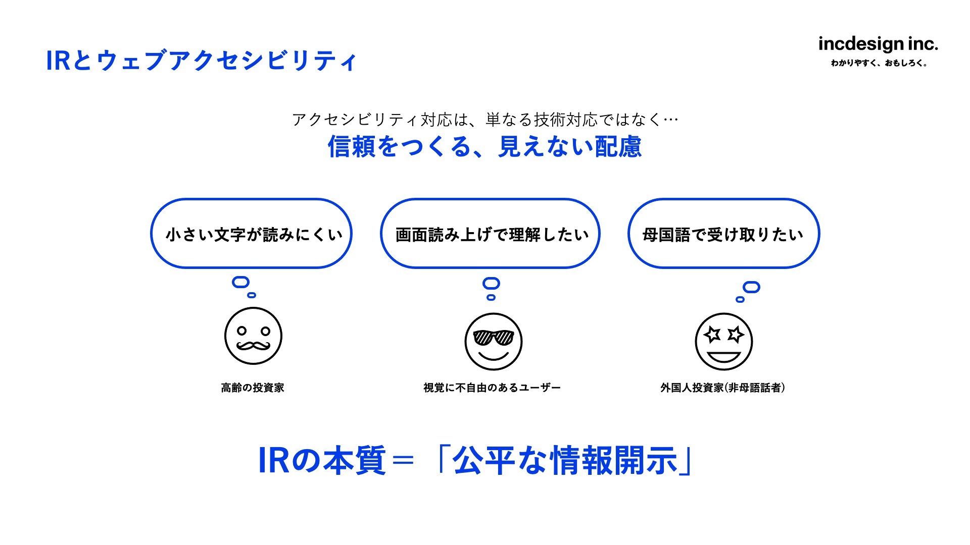 スライドタイトルは、IRとウェブアクセシビリティ。アクセシビリティ対応は「信頼をつくる、見えない配慮」であり、高齢者、視覚障がい者、外国人など多様な投資家への配慮を示す。結論として「IRの本質 = 公平な情報開示」と強調している。