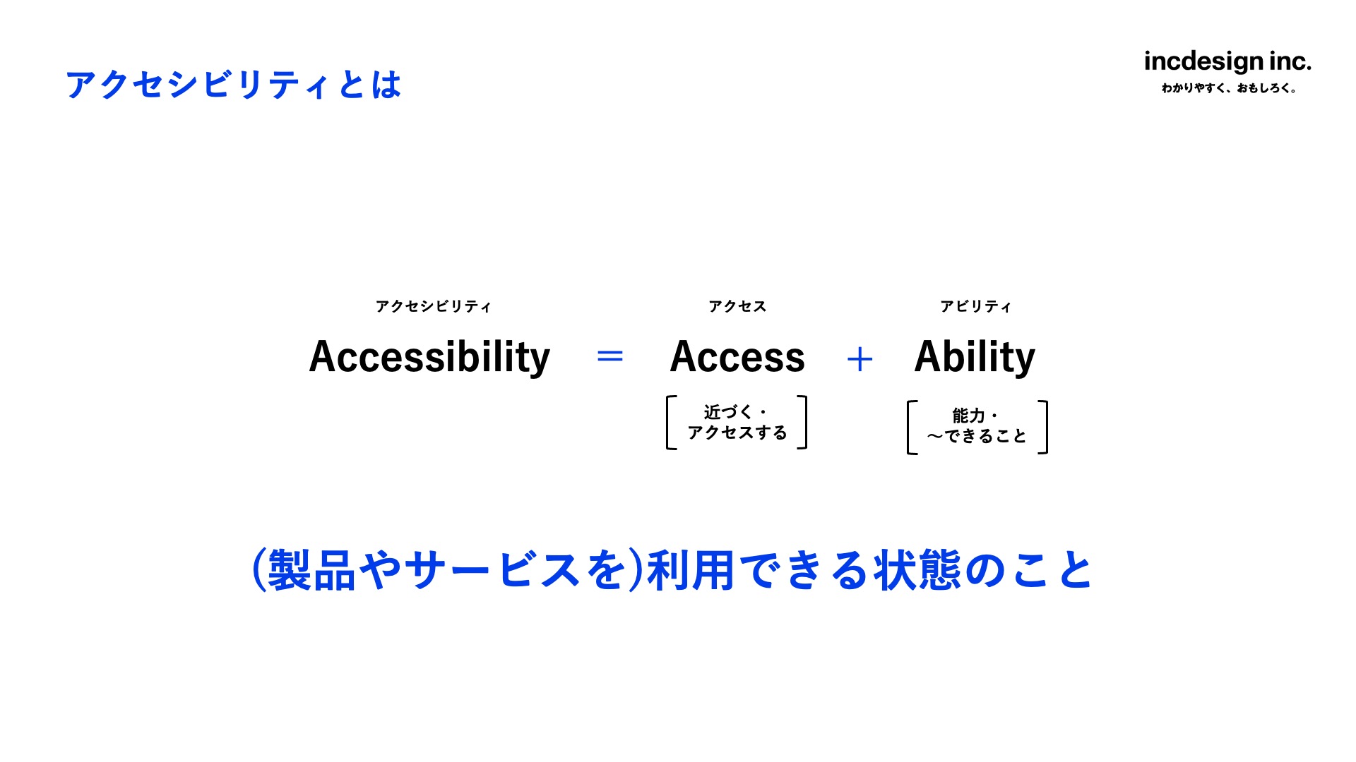 スライドタイトルはアクセシビリティとは。AccessibilityはAccess(近づく・アクセスする)とAbility(能力・~できること)を組み合わせた言葉であり、「(製品やサービスを)利用できる状態のこと」